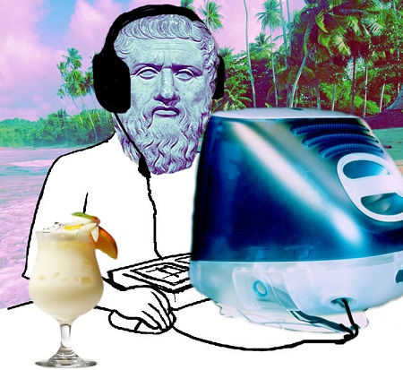 Retrowave statue on computer at beach — Reaction meme