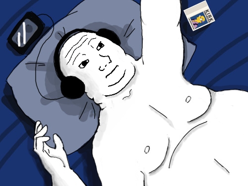 Wojak fat listening to music bed — Wojak meme