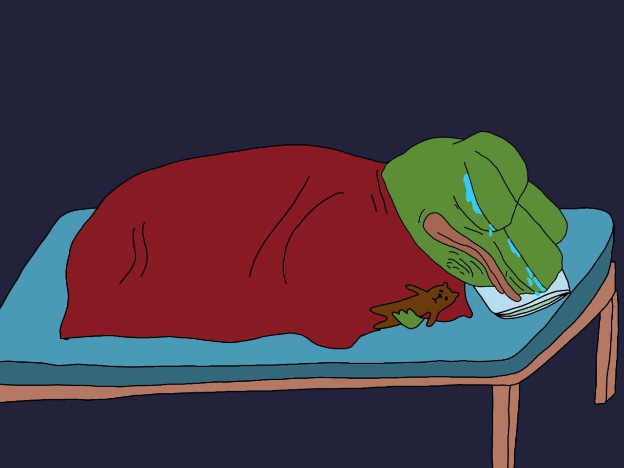 Pepe crying in bed teddy bear — Pepe meme