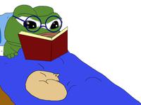 Pepe reading book in bed with sleeping cat — Pepe meme