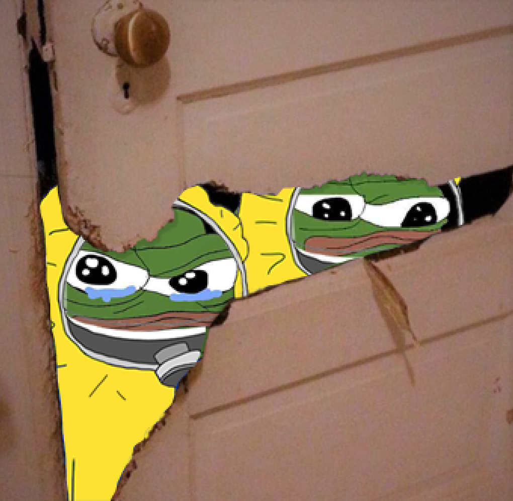 Pepes in hazmat suits eating door — Pepe meme