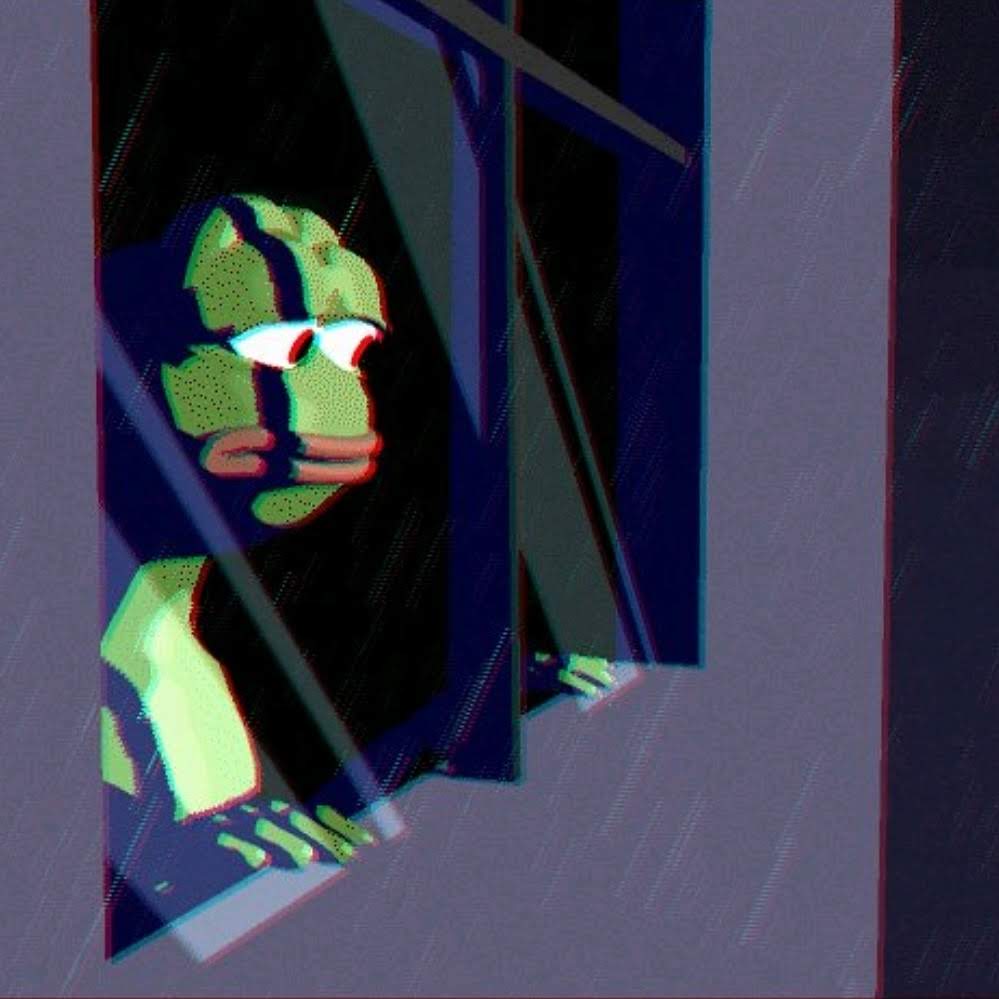 Pepe looking out raining window sad — Pepe meme