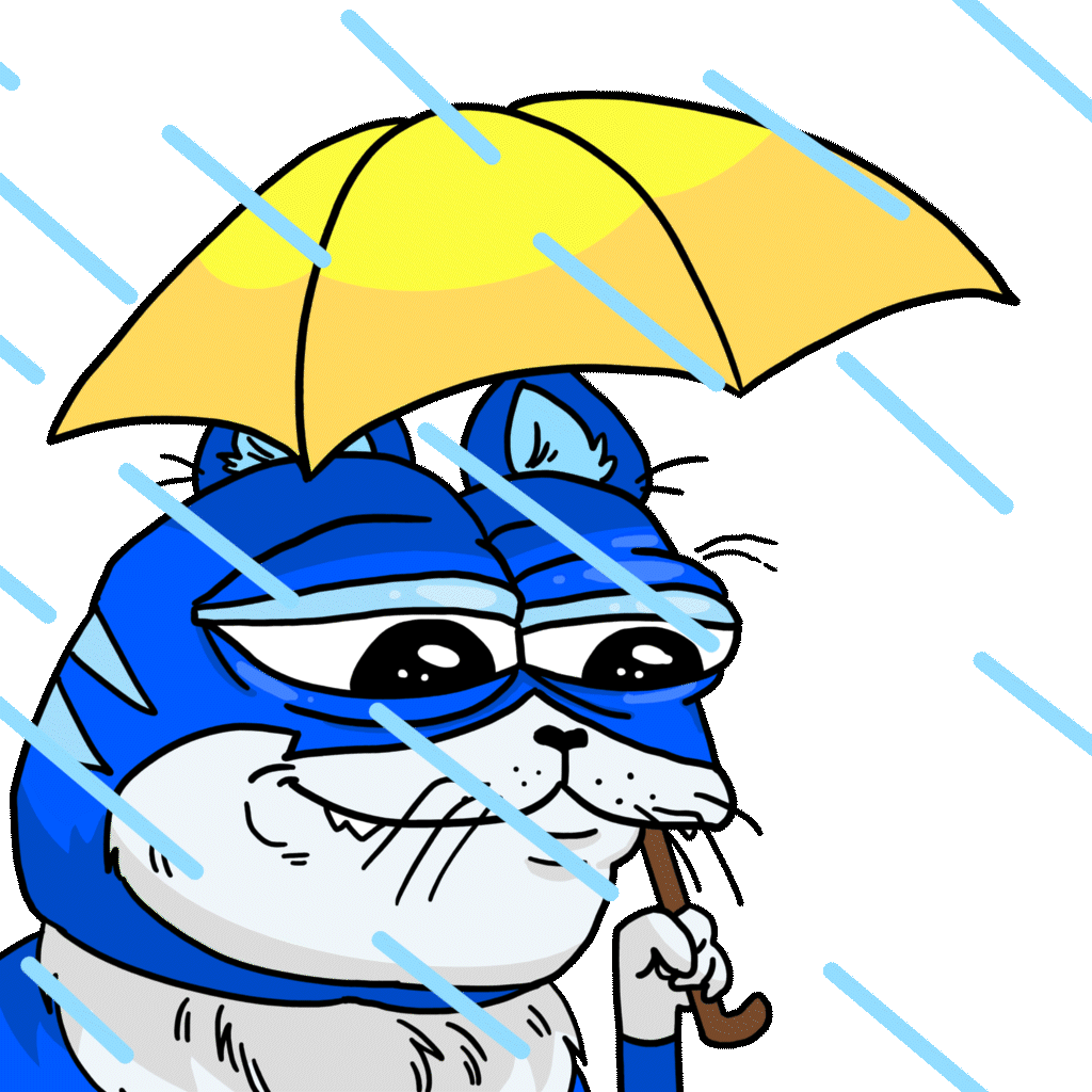 Toshi cat in umbrella with rain — $TOSHI meme