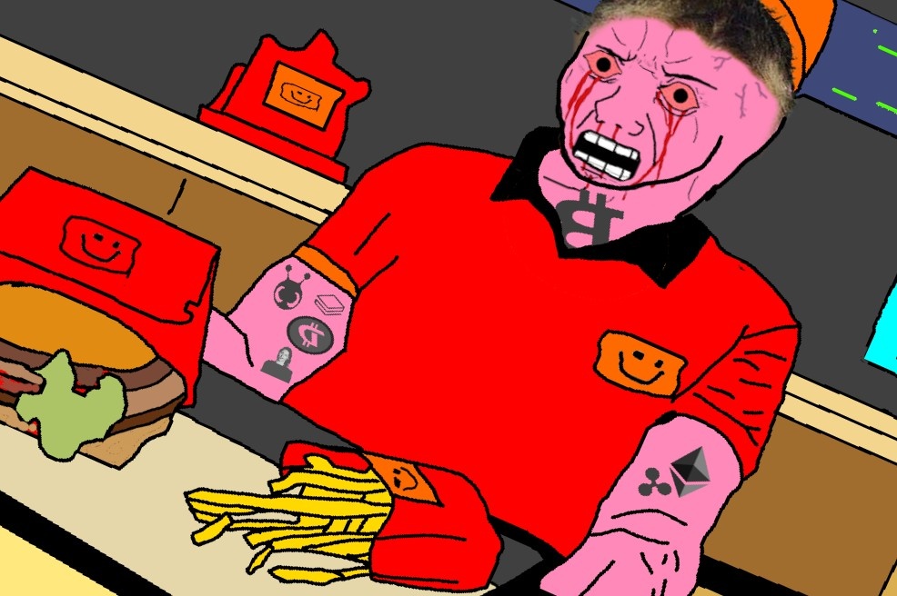Pink wojak wagie serving fries — Wojak meme