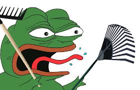 Pepe screaming angry holding two rakes — Pepe meme