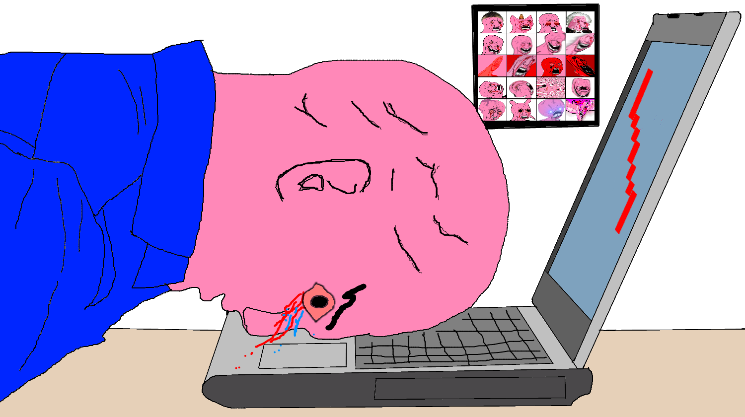 Pink wojak smashing head on computer — Wojak meme