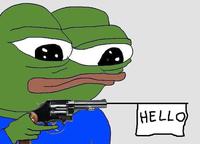 Pepe shooting toy gun hello flag — Pepe meme