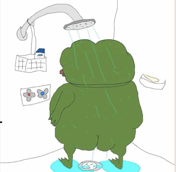 Pepe standing in shower — Pepe meme