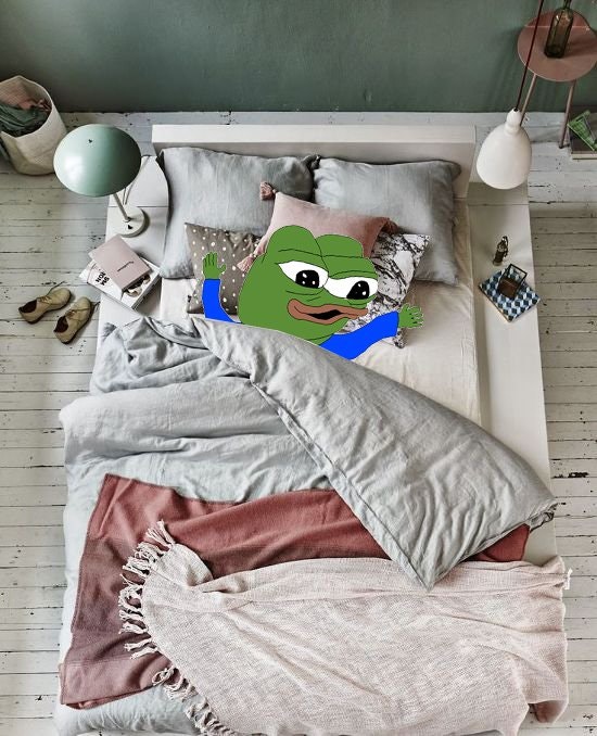 Pepe happy in real life bed — Pepe meme