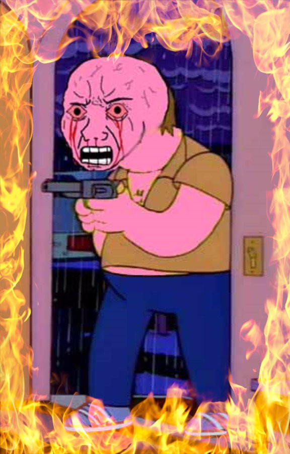 Pink wojak pointing gun in flaming house — Wojak meme
