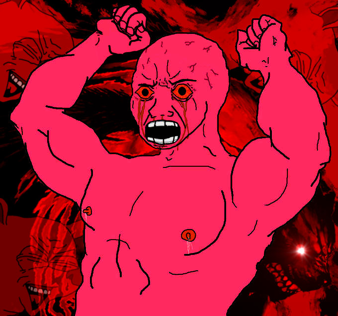 Red wojak muscle body screaming — Wojak meme