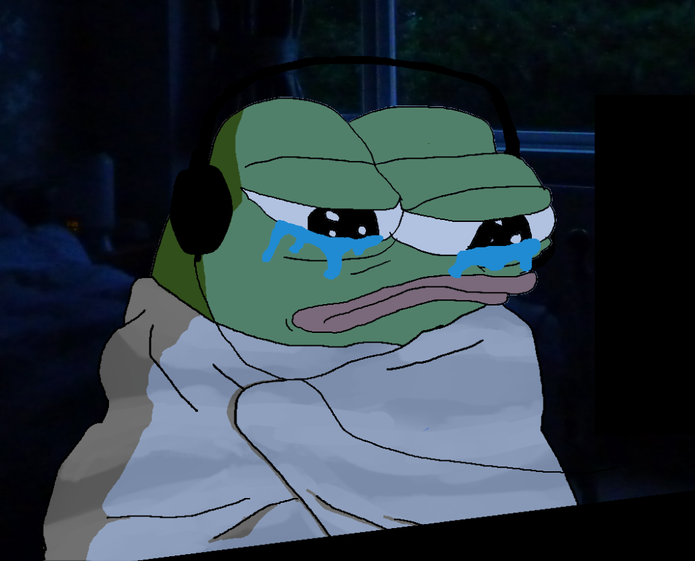Pepe crying blanket headphones on computer — Pepe meme