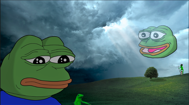 Pepe sad in field with happy face — Pepe meme