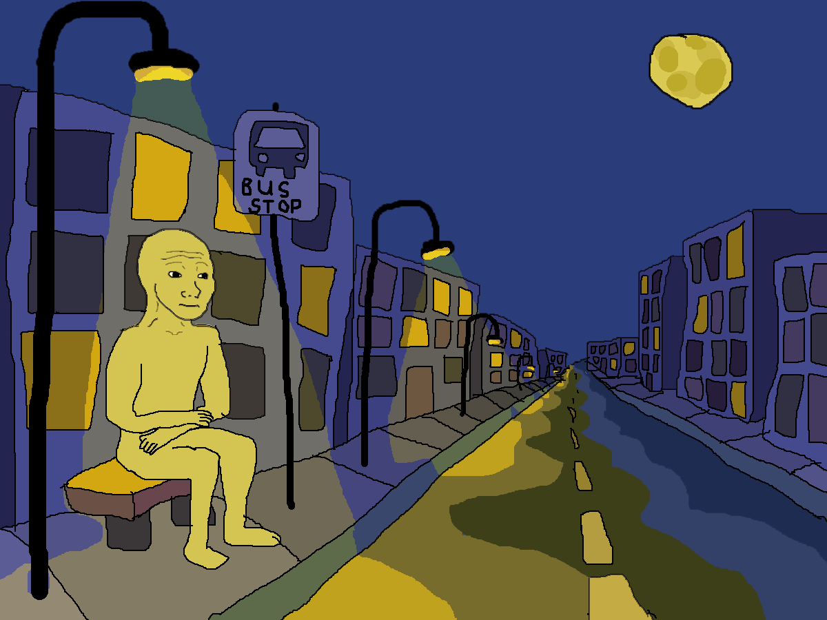 Wojak sits under streetlight — Wojak meme
