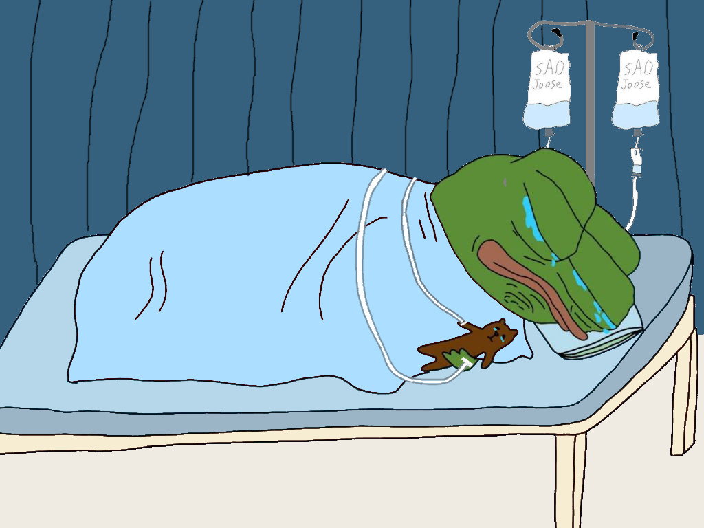 Pepe sad in hospital bed double sad juice drips — Pepe meme