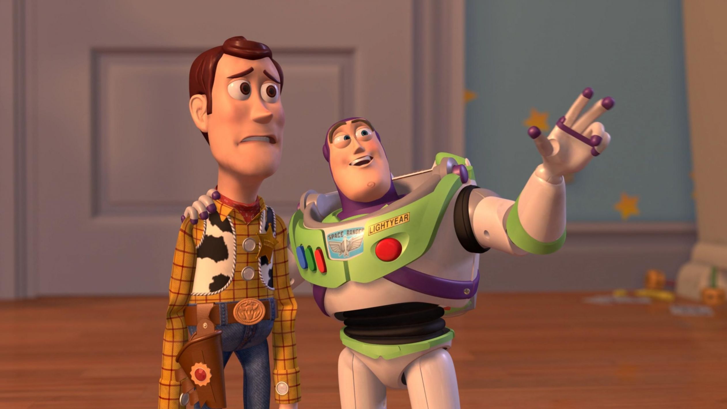 Woody and Buzz Lightyear Everywhere Widescreen meme template — Templates meme