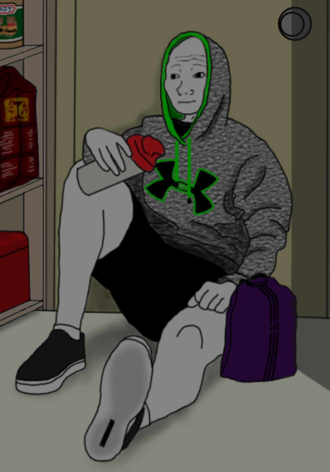 Wojak sitting down after workout dark room — Wojak meme