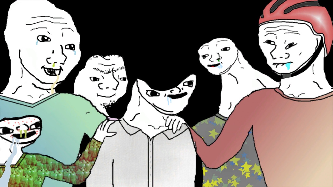 Brainlet friends wearing shirts — Brainlet meme