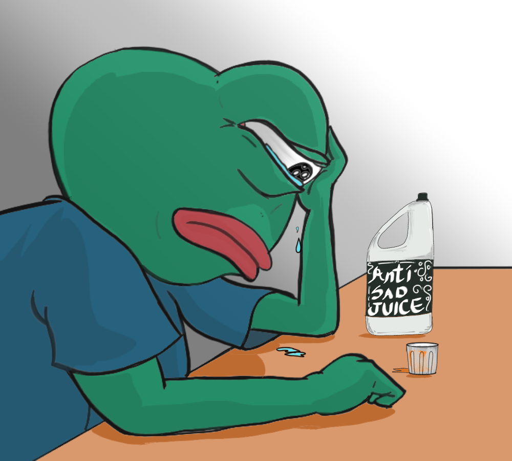 Pepe crying drinking anti sad juice — Pepe meme