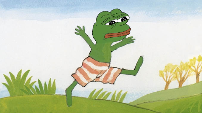 Pepe sad face running in fields — Pepe meme
