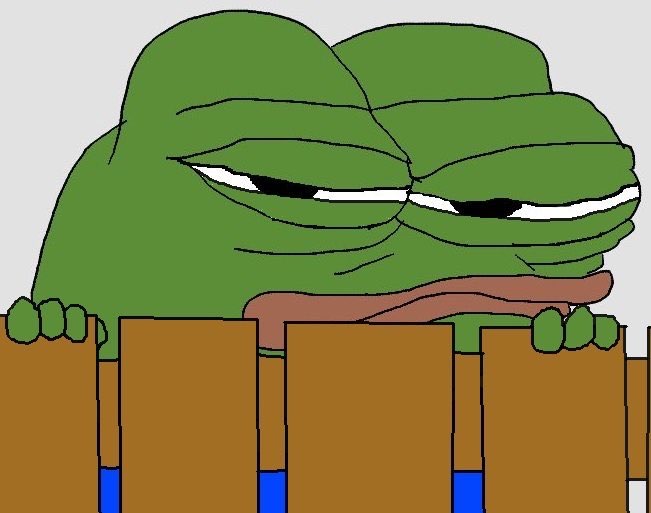 Pepe peeking up behind wooden fence unhappy — Pepe meme