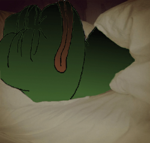 Pepe sleeping in bed dark room — Pepe meme