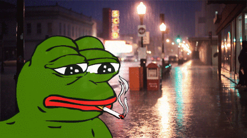 Pepe smoking on rainy street — Pepe meme