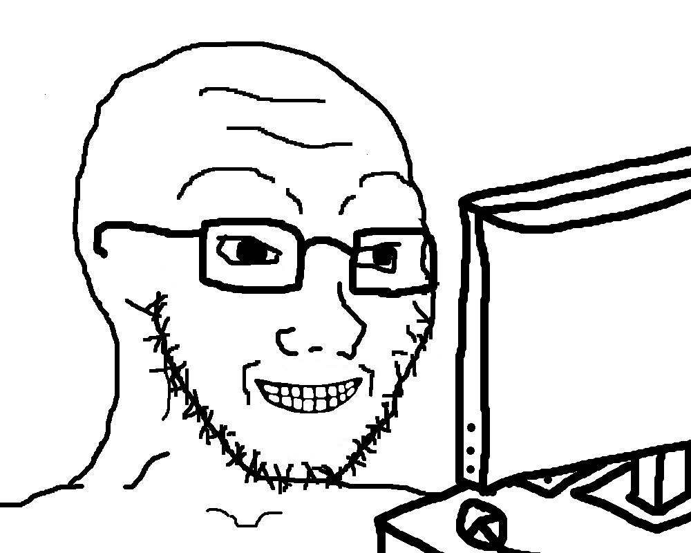 Wojak soy boy on computer happy — Wojak meme