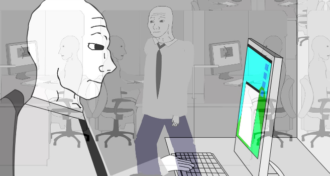 Wojak at office computer miserable — Wojak meme
