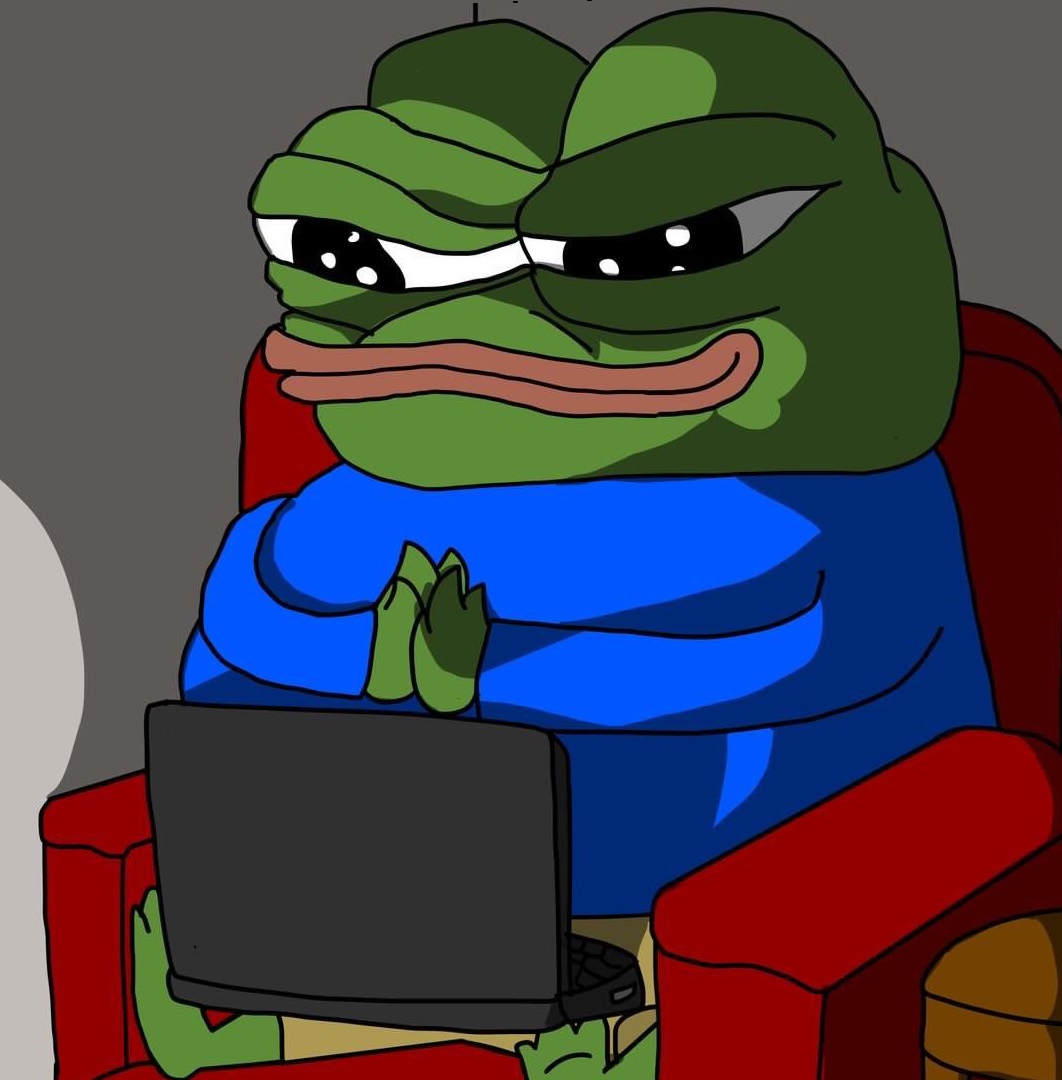 Pepe schemeing at computer — Pepe meme