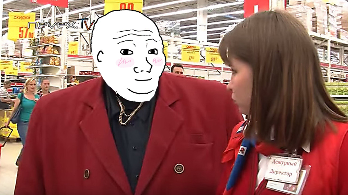 Wojak fat blushing in russian target — Wojak meme