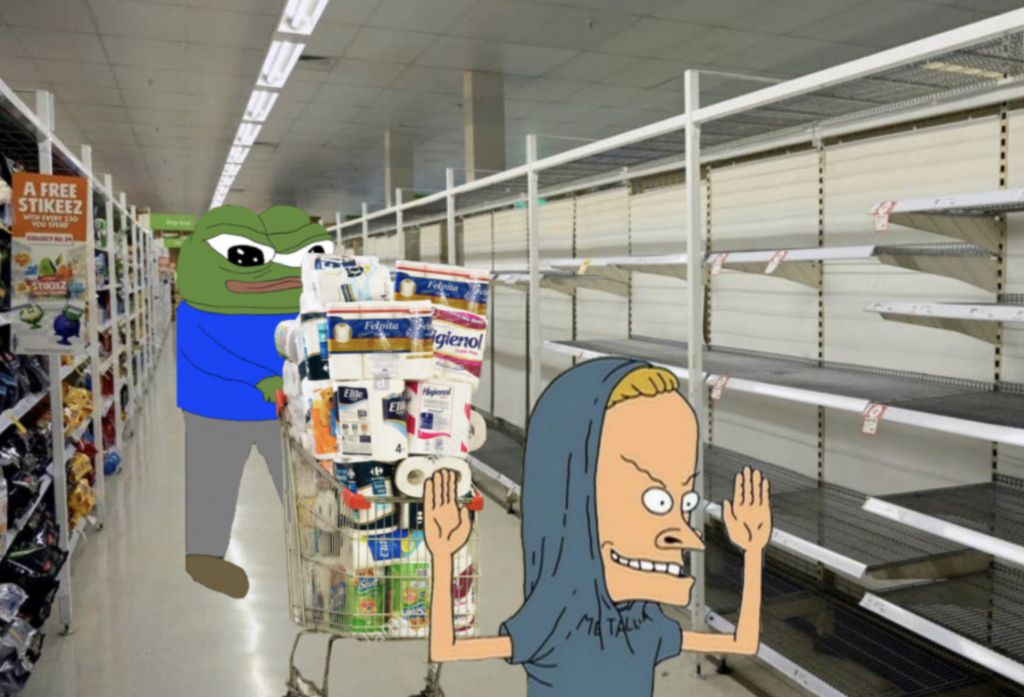 Pepe buying all paper products in store — Pepe meme