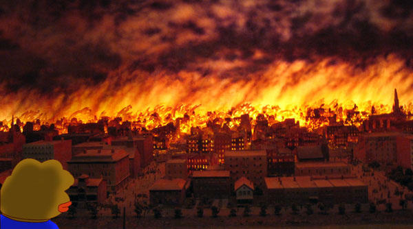 Pepe watching city burn — Pepe meme
