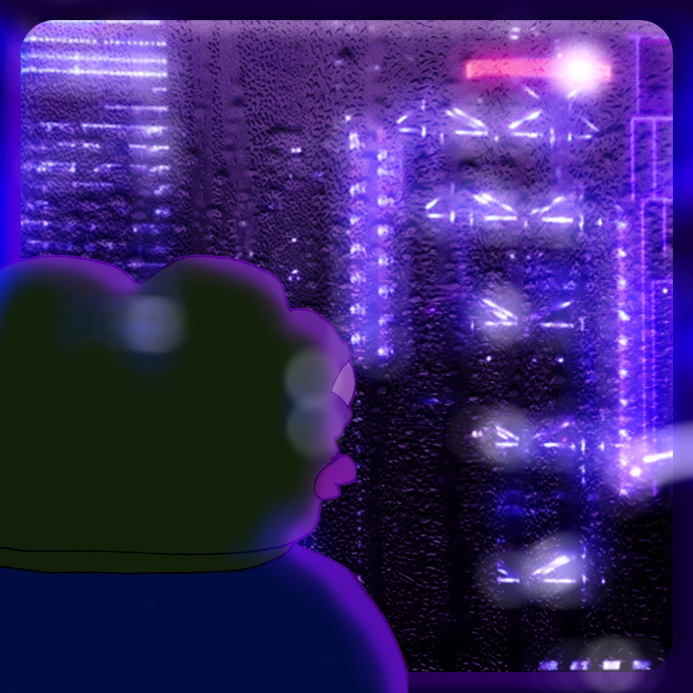 Pepe looks out city window neon — Pepe meme