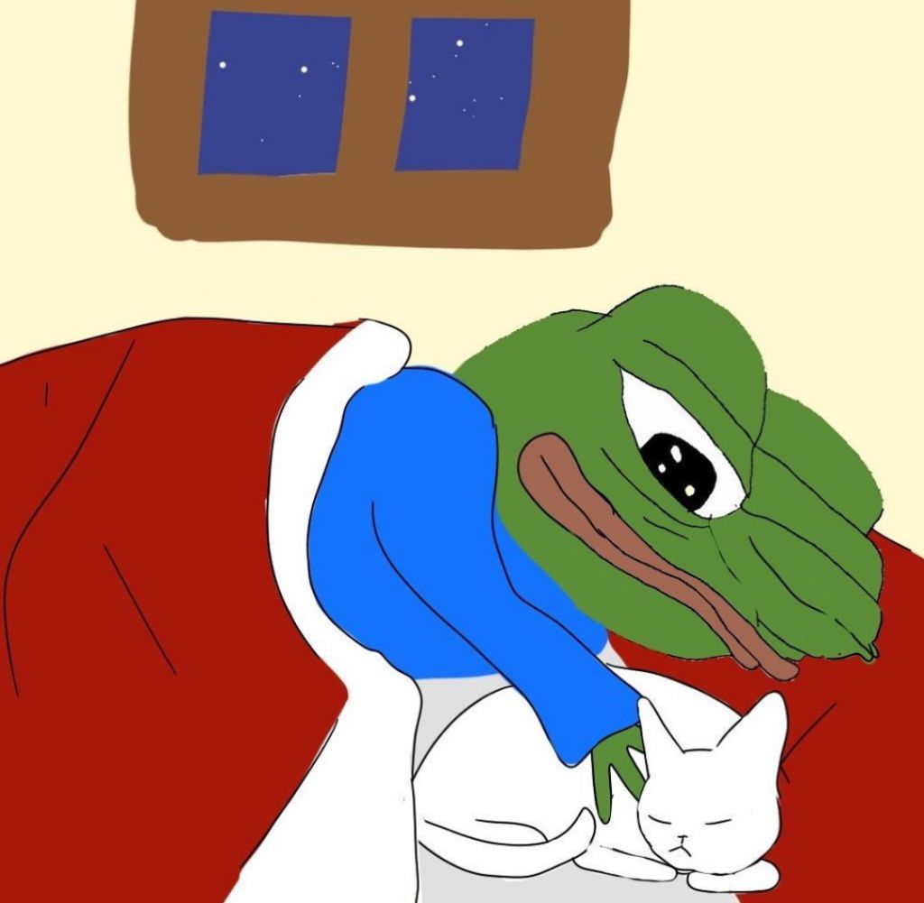 Pepe snuggling cat in bed — Pepe meme