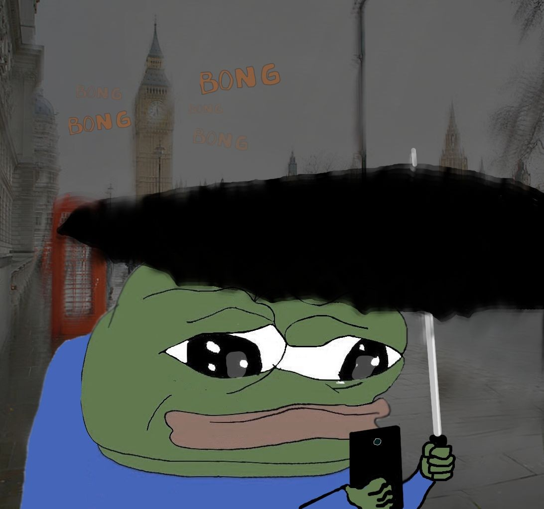 Pepe sad on phone under umbrella — Pepe meme