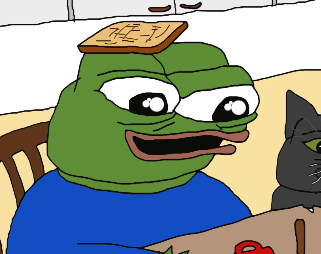 Pepe eating with toasted bread on head — Pepe meme
