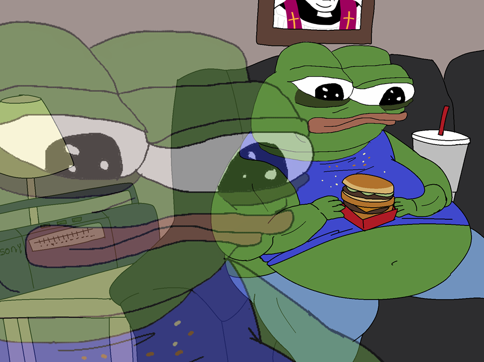 Pepe fat eating burger on couch — Pepe meme