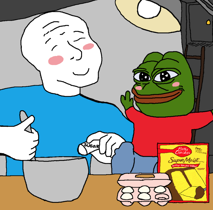 Wojak cooking with blushing pepe — Wojak meme