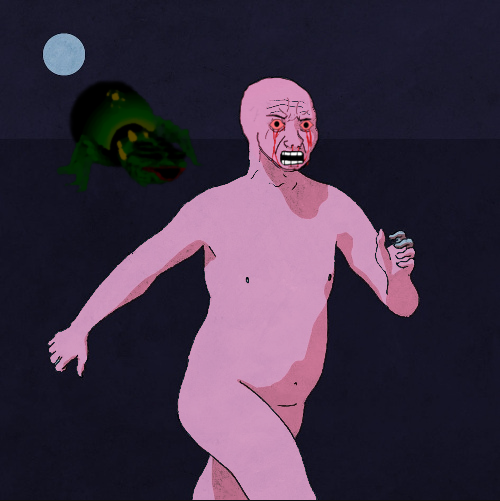 Pink wojak naked running from pepe — Wojak meme