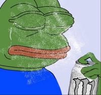 Pepe crying spraying self with monster — Pepe meme