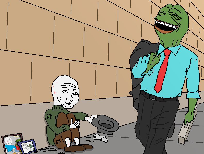 Wojak homeless laughed at by pepe — Wojak meme