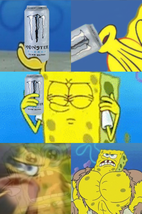 Spongebob drinks monster transforms — Reaction meme