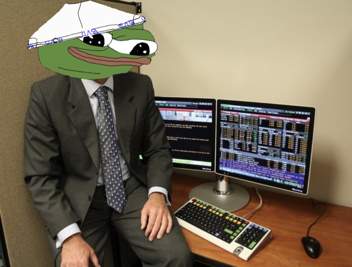 Pepe stock trader underwear on head — Pepe meme