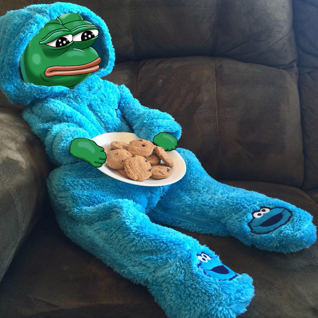 Pepe cookie monster suit on couch — Pepe meme