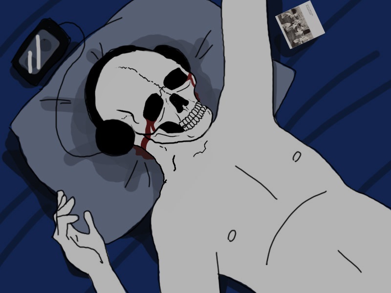 Wojak skull headphones bed — Wojak meme