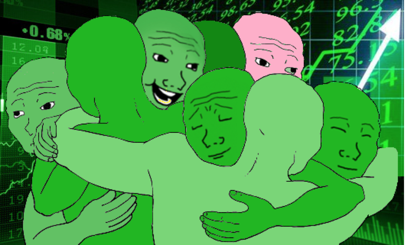 Green wojaks hugging with pink wojak — Wojak meme