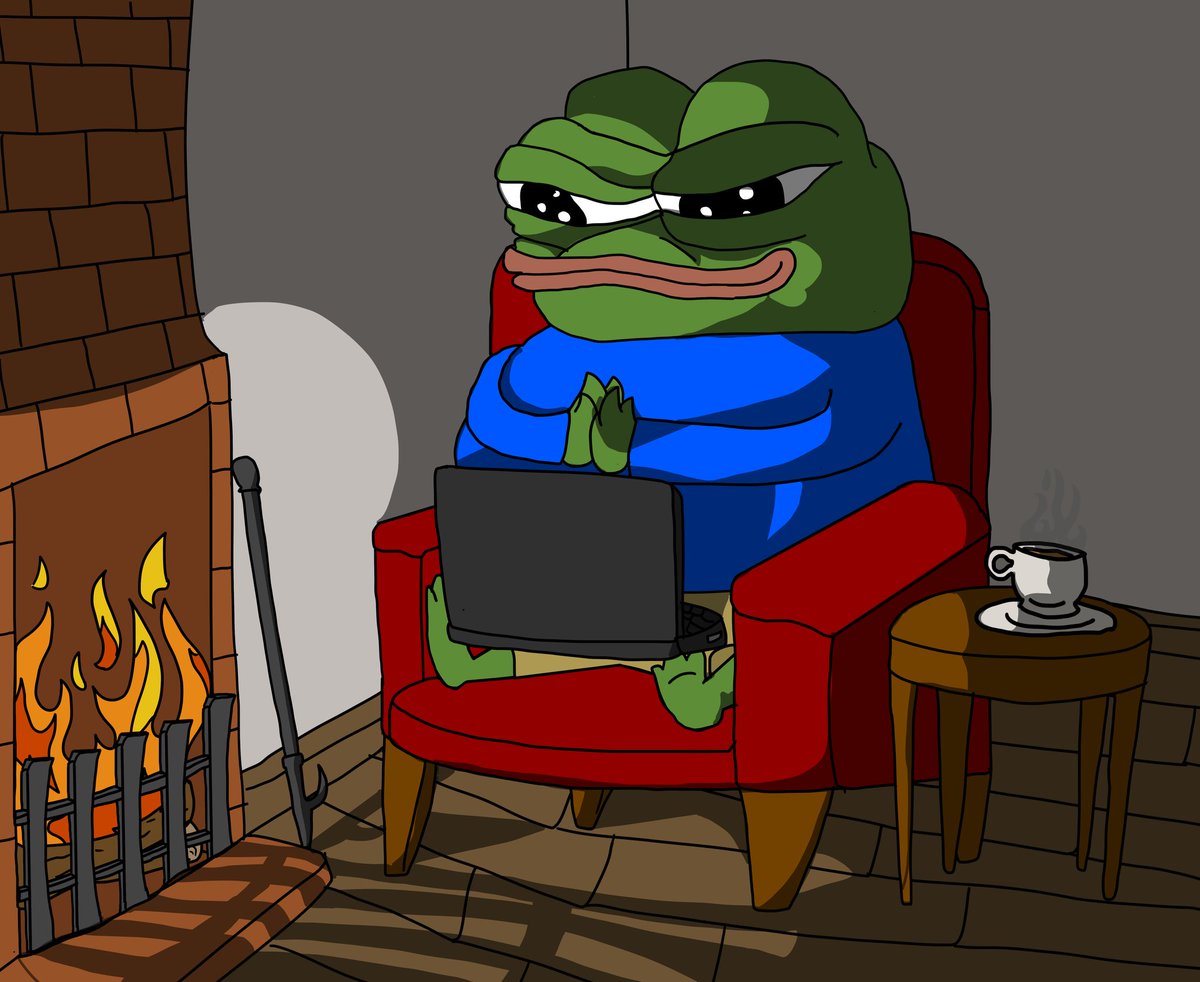 Pepe scheming by fire on computer — Pepe meme