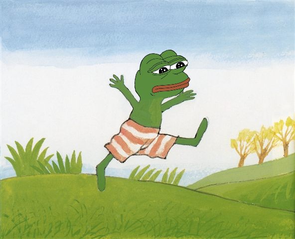 Pepe in shorts skipping through field — Pepe meme