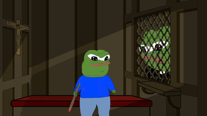 Pepe goes to confession with stick — Pepe meme